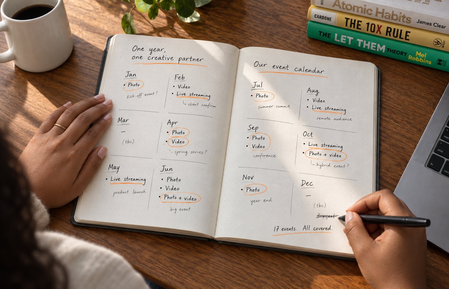 Marketing manager mapping a year of events in a notebook