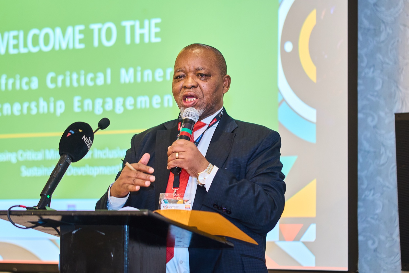 A minister speaking into a microphone at the UNDP G20 engagement